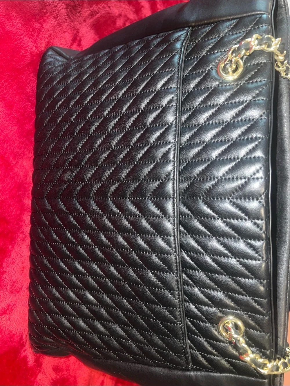 Karl Lagerfeld Black Quilted Shoulder Tote with Gold Chain Trim